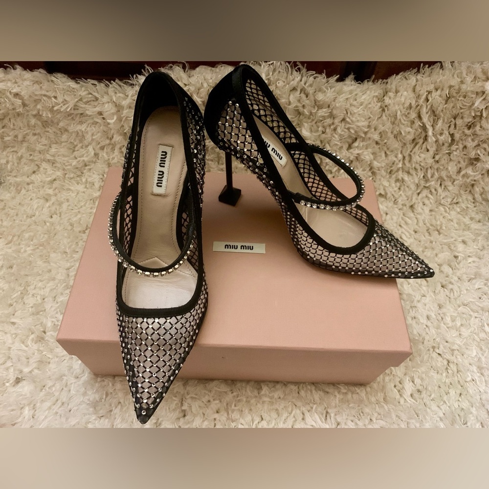 Miu Miu Crystal Embellished Fishnet Pointed Toe Pump (7.5US / 37.5EU; Black)